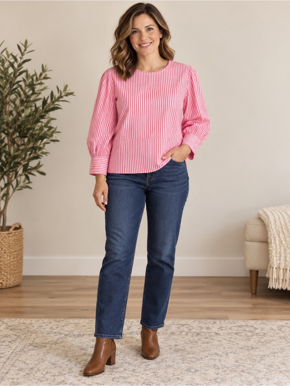 Scotch & Soda Pink Striped Blouse with Puff Sleeves